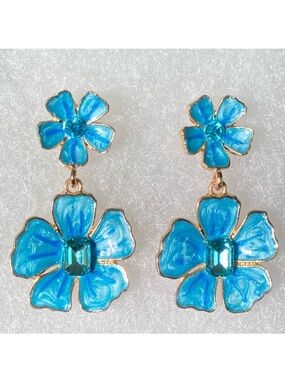 Blue Enamel Flower with Crystal Accents Gold Toned Stud Earrings